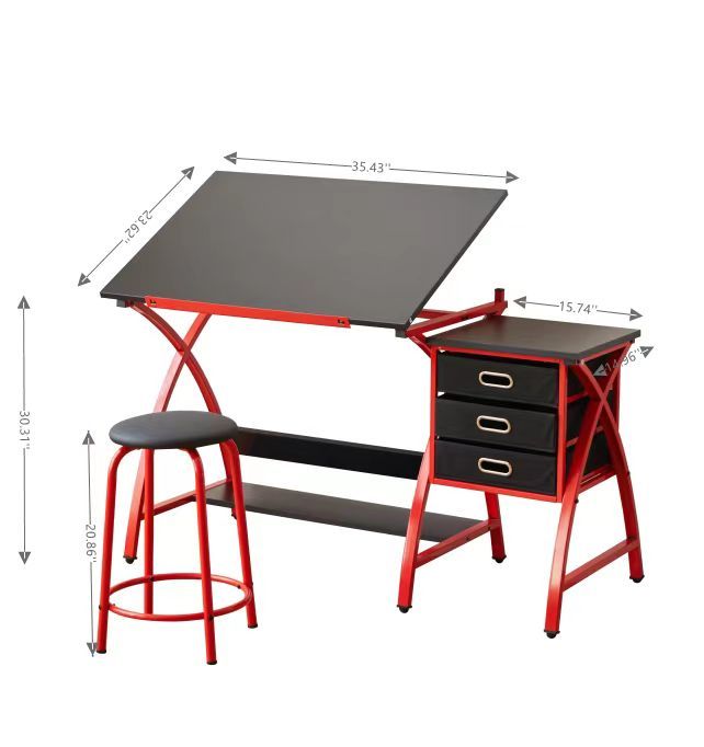 Drafting Table Red With Stool - Red Mdf Metal