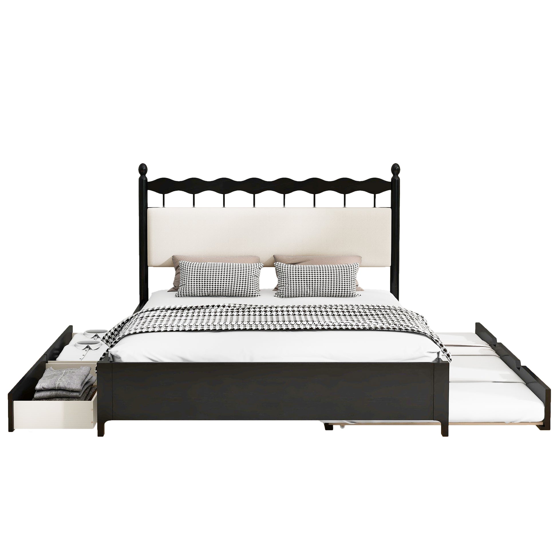 Queen Size Wooden Storage Platform Bed, With 2