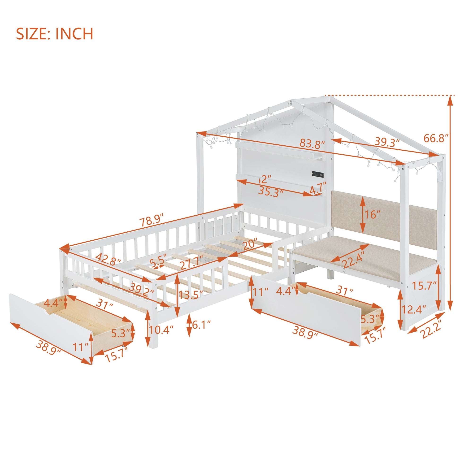 Twin Size House Bed With Upholstered Sofa, House