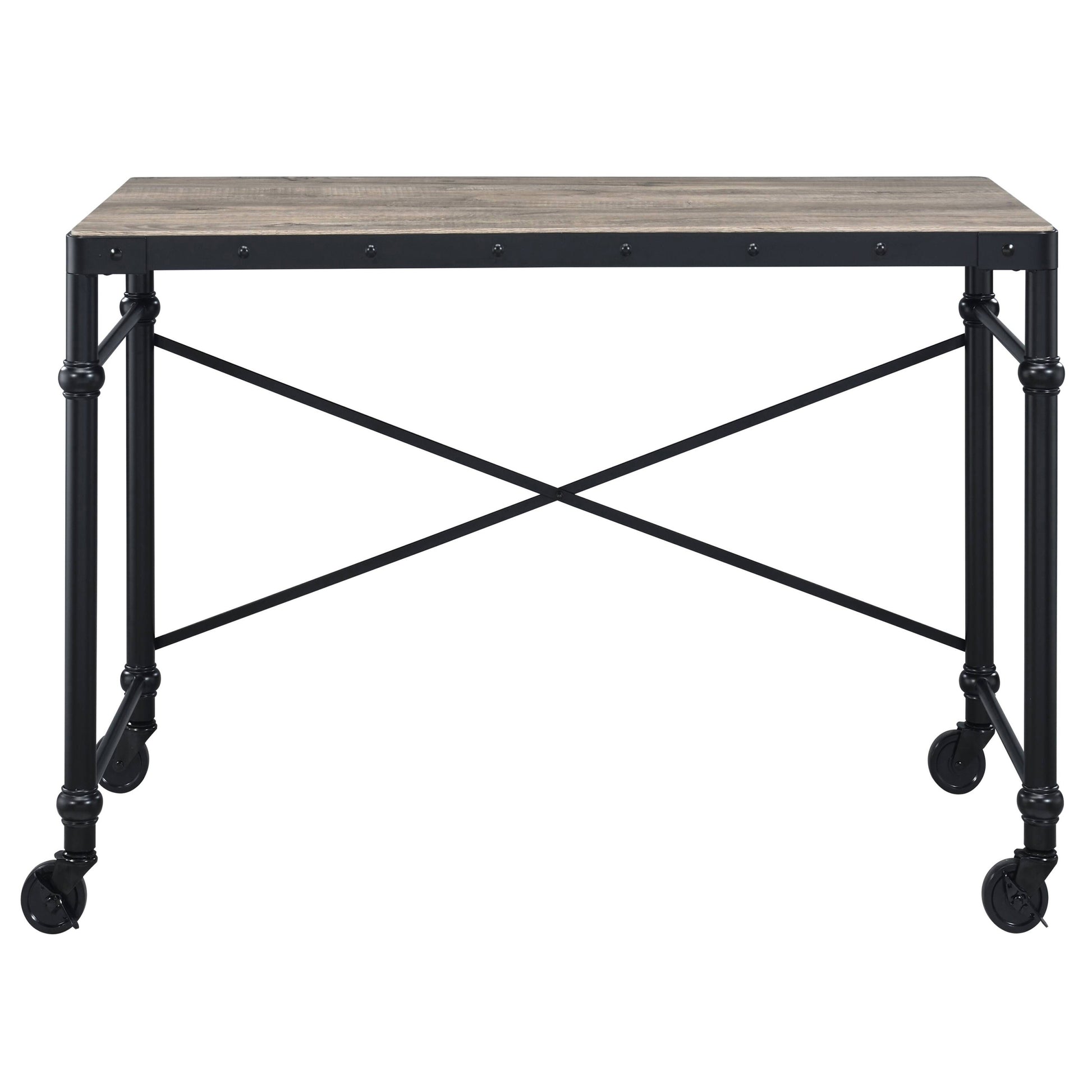 Rustic Oak And Black Writing Desk With Wheels -