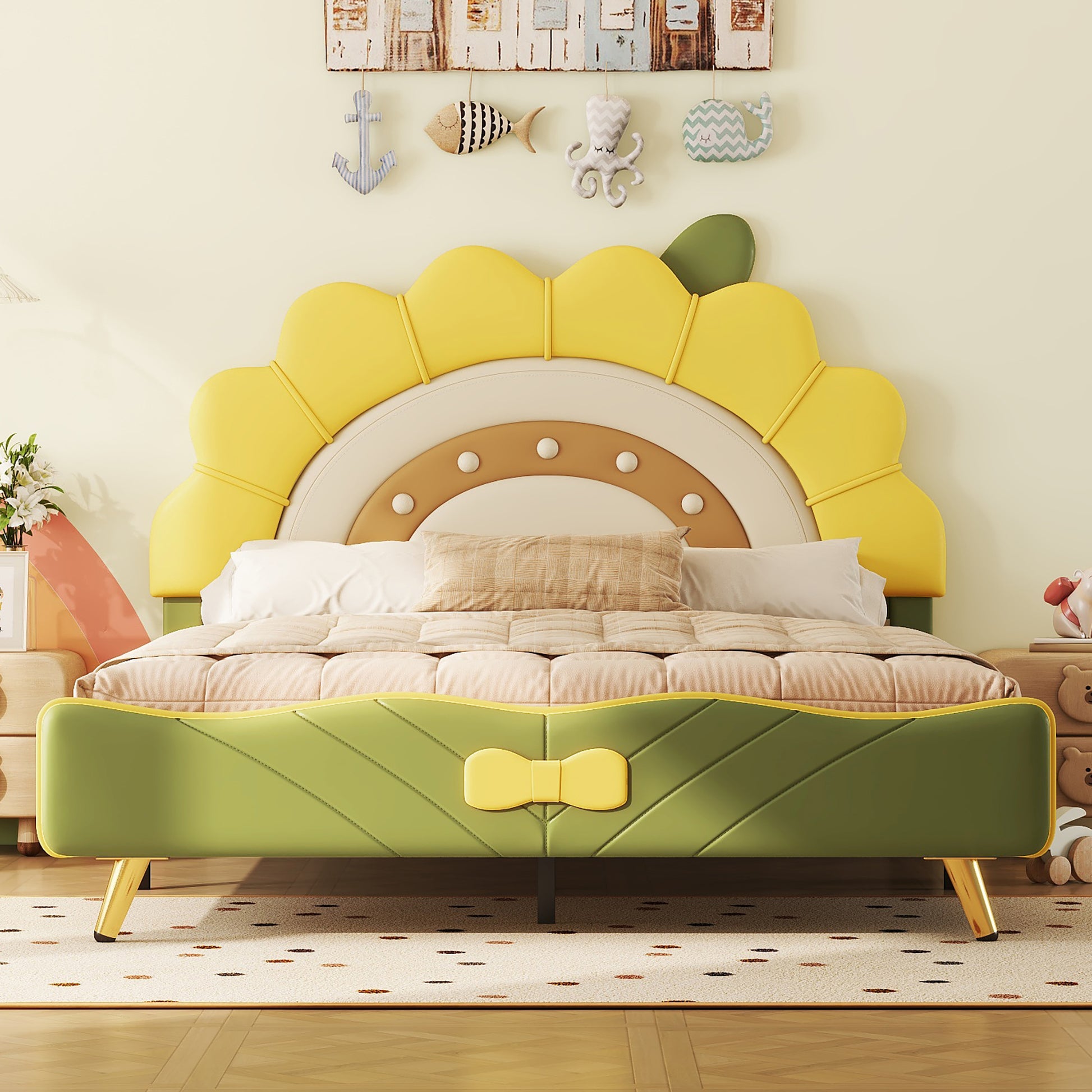 Full Size Upholstered Platform Bed With Sunflower