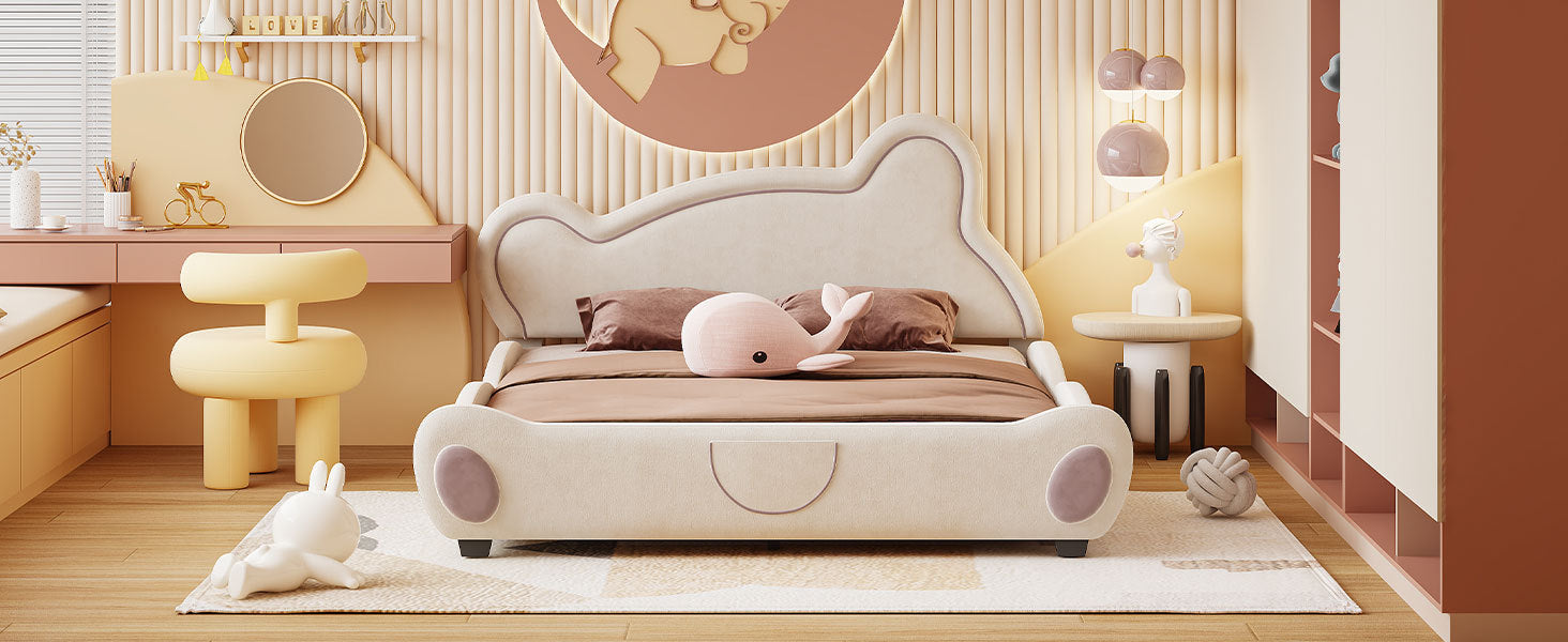 Queen Size Velvet Platform Bed With Bear Shaped -