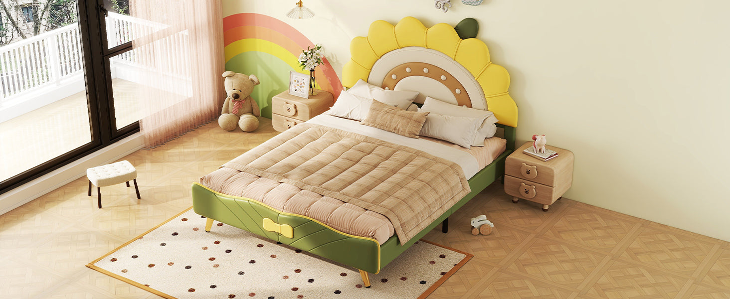 Full Size Upholstered Platform Bed With Sunflower