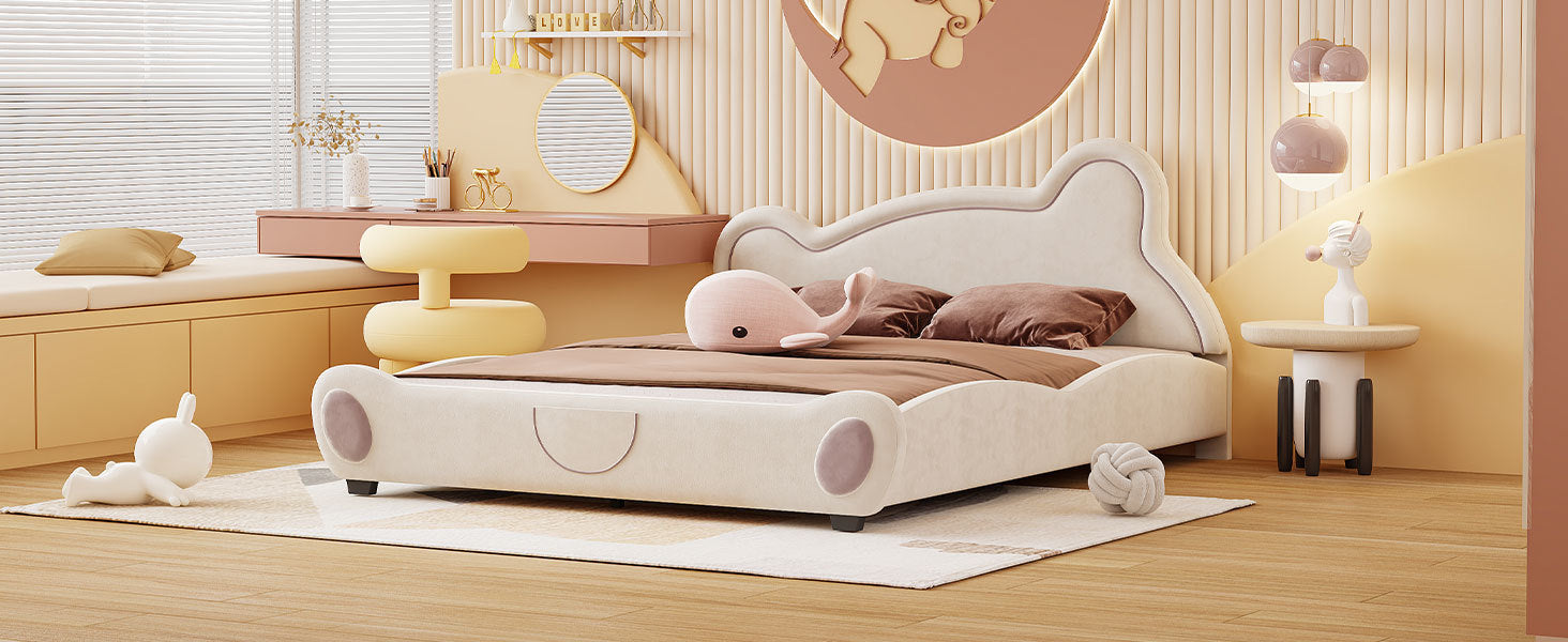 Queen Size Velvet Platform Bed With Bear Shaped -