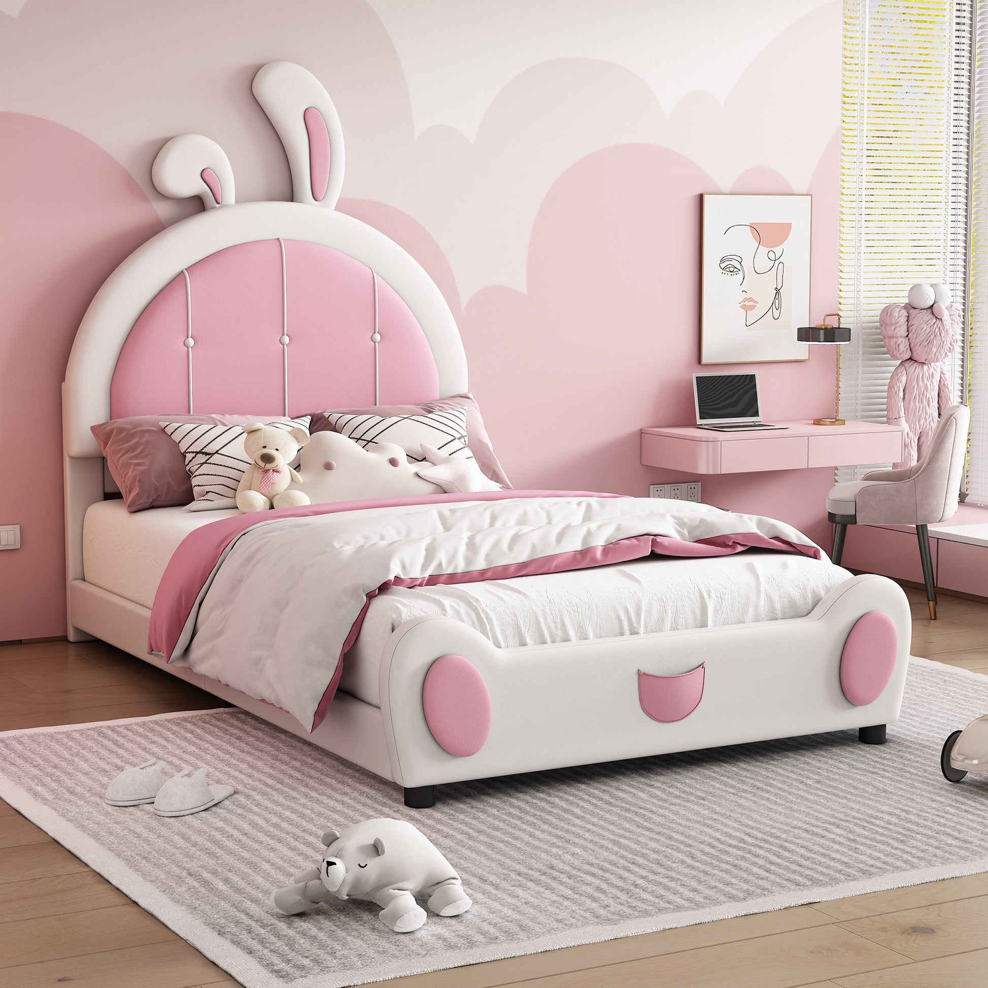 Twin Size Upholstered Platform Bed With Rabbit