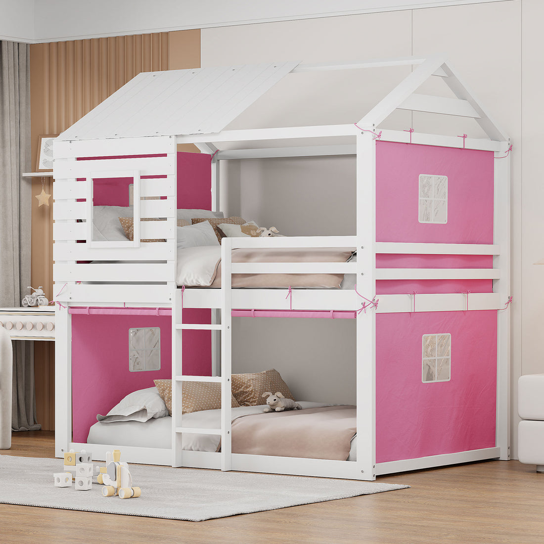 Full Size Bunk Wood House Bed With Tent, Pink