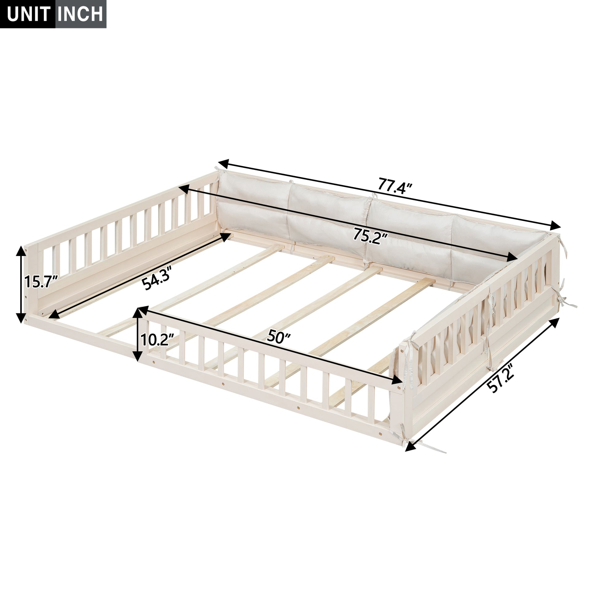 Wood Full Size Upholstered Platform Bed with Guardrail box spring not required-full-beige-wood-bed