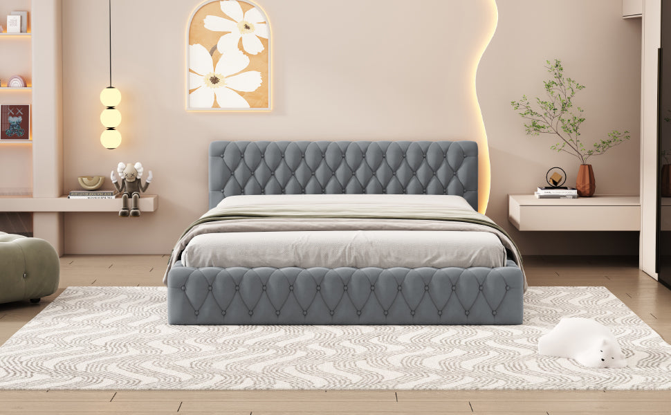 Queen Size Velvet Upholstered Platform Bed, With