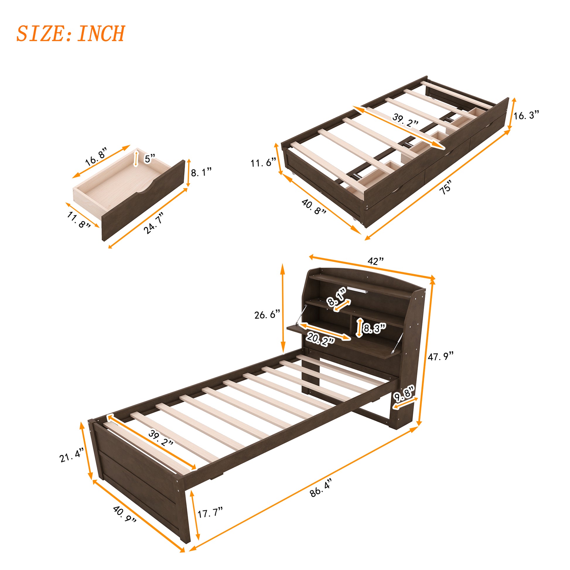 Twin Size Wooden Led Platform Bed With Trundle,