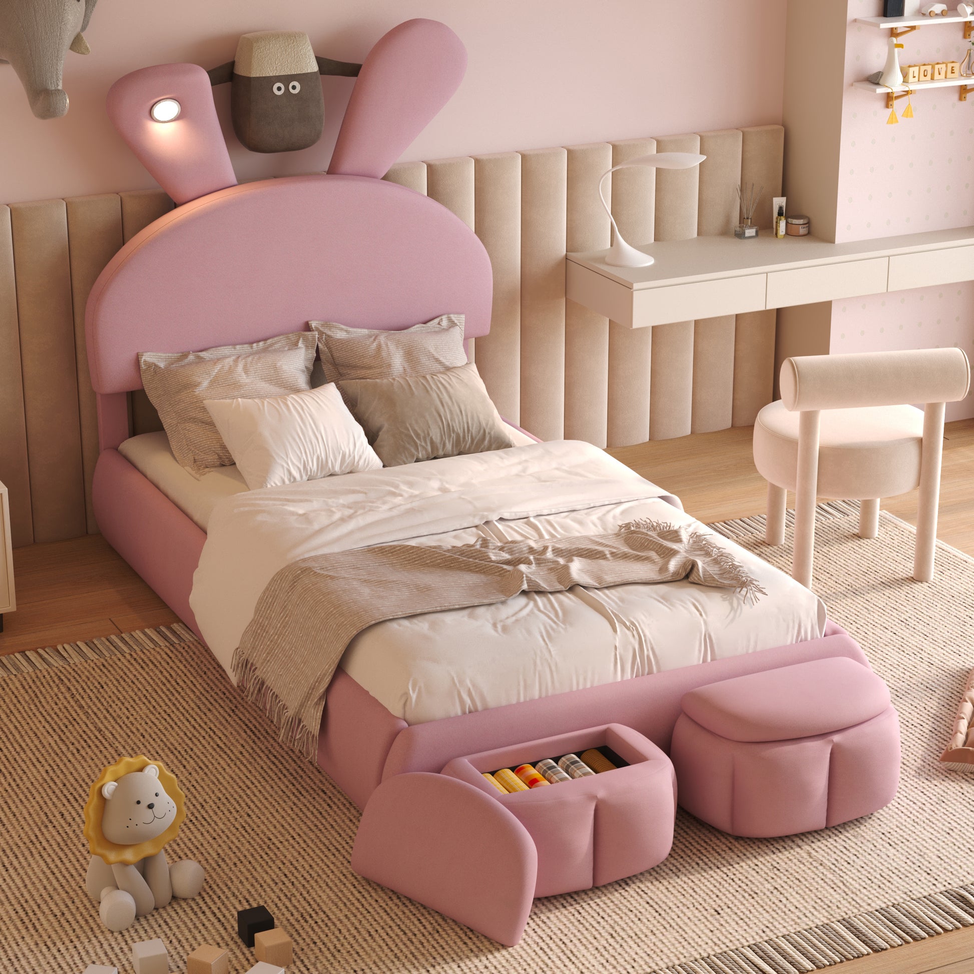 Twin Size Upholstered Platform Bed With Cartoon