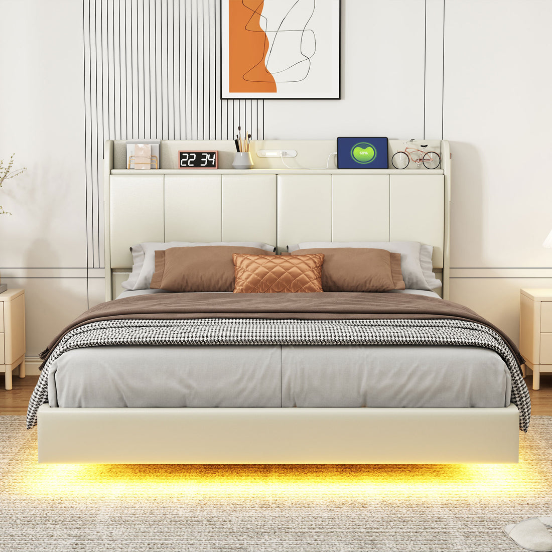 Queen Size Floating Bed Frame With Storage