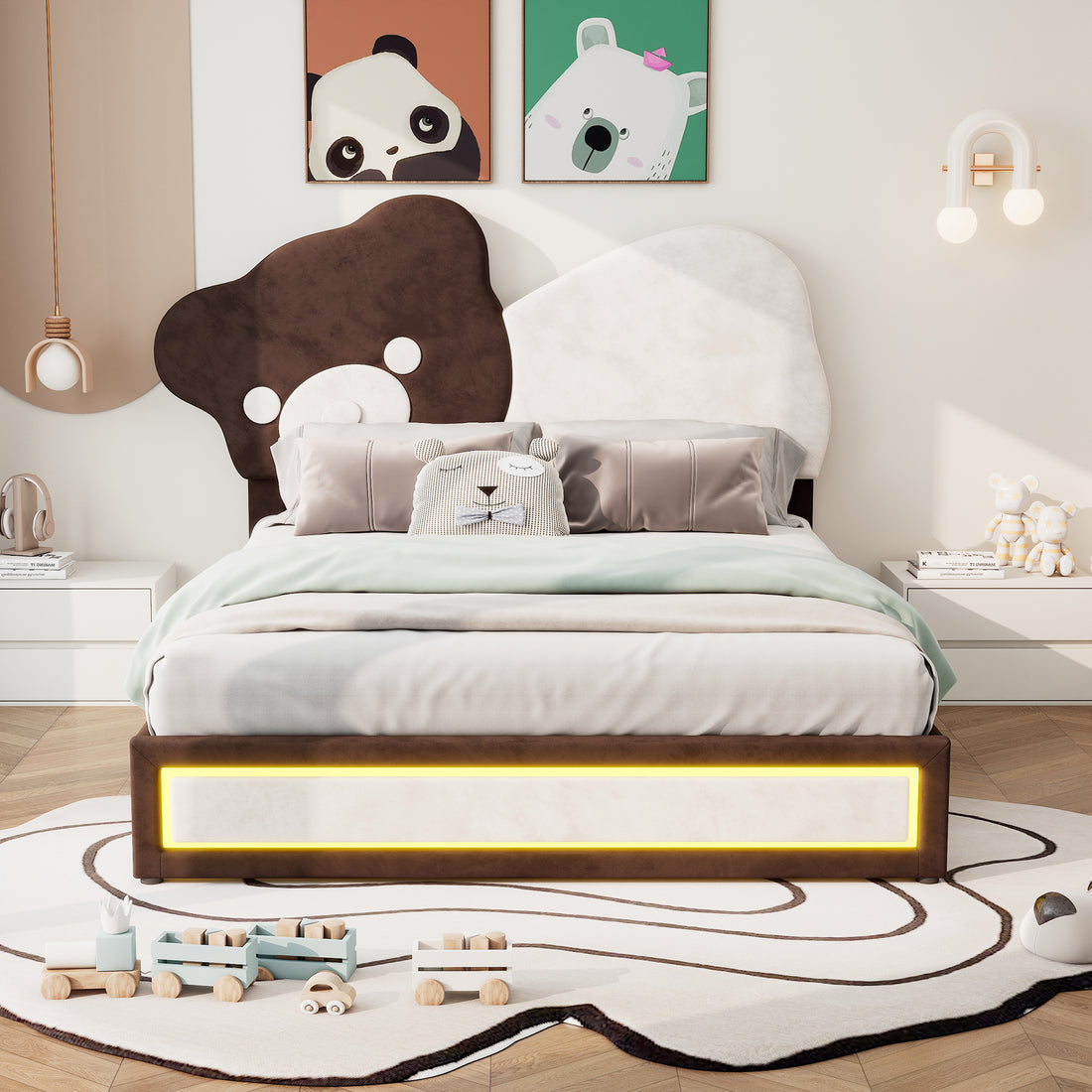 Full Size Upholstered Platform Bed With Bear