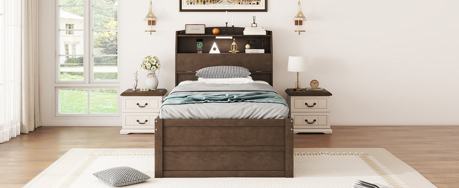 Twin Size Wooden Led Platform Bed With Trundle,