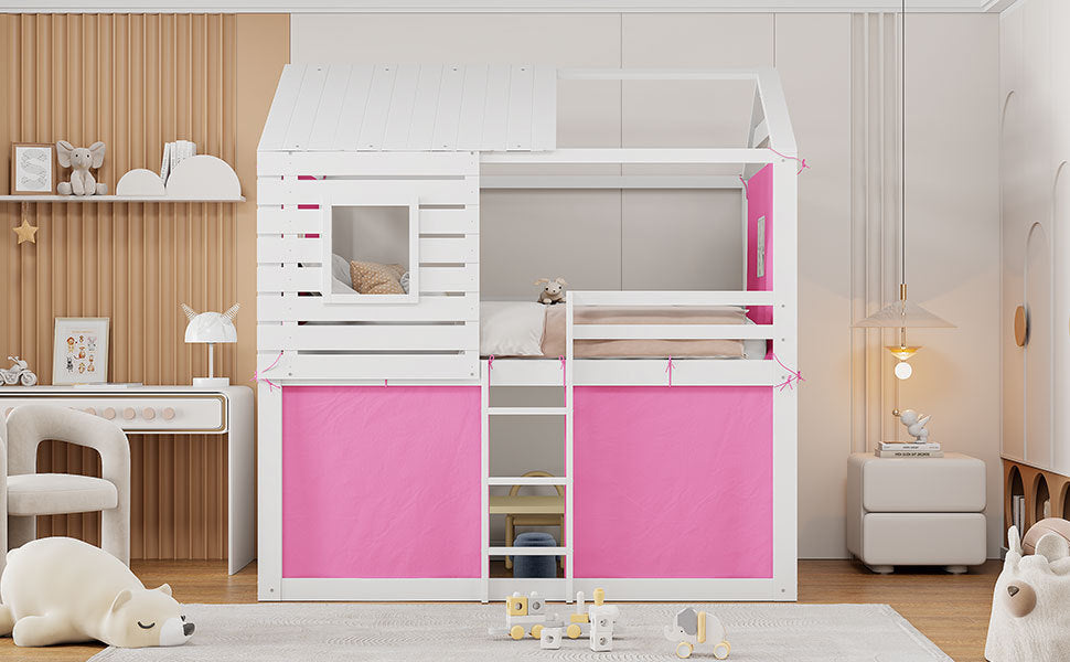 Full Size Bunk Wood House Bed With Tent, Pink