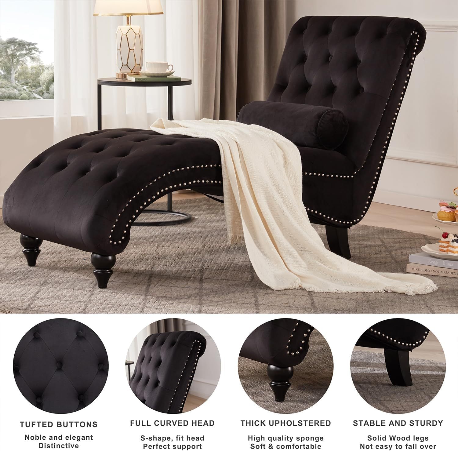 Button Tufted Chaise Lounge Indoor With Solid