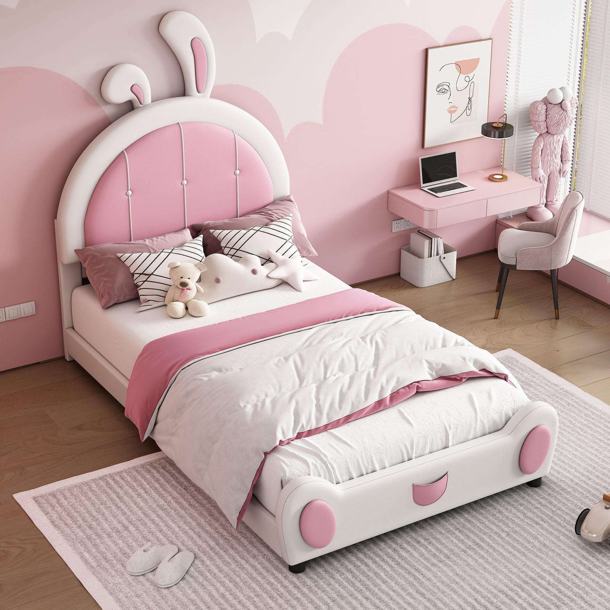 Twin Size Upholstered Platform Bed With Rabbit