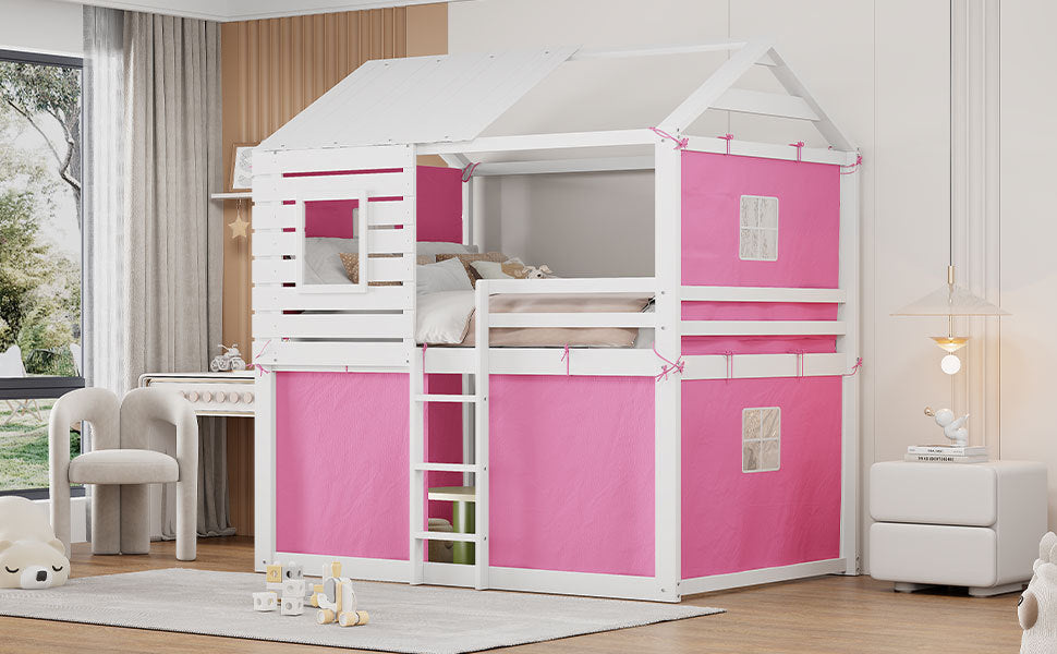 Full Size Bunk Wood House Bed With Tent, Pink