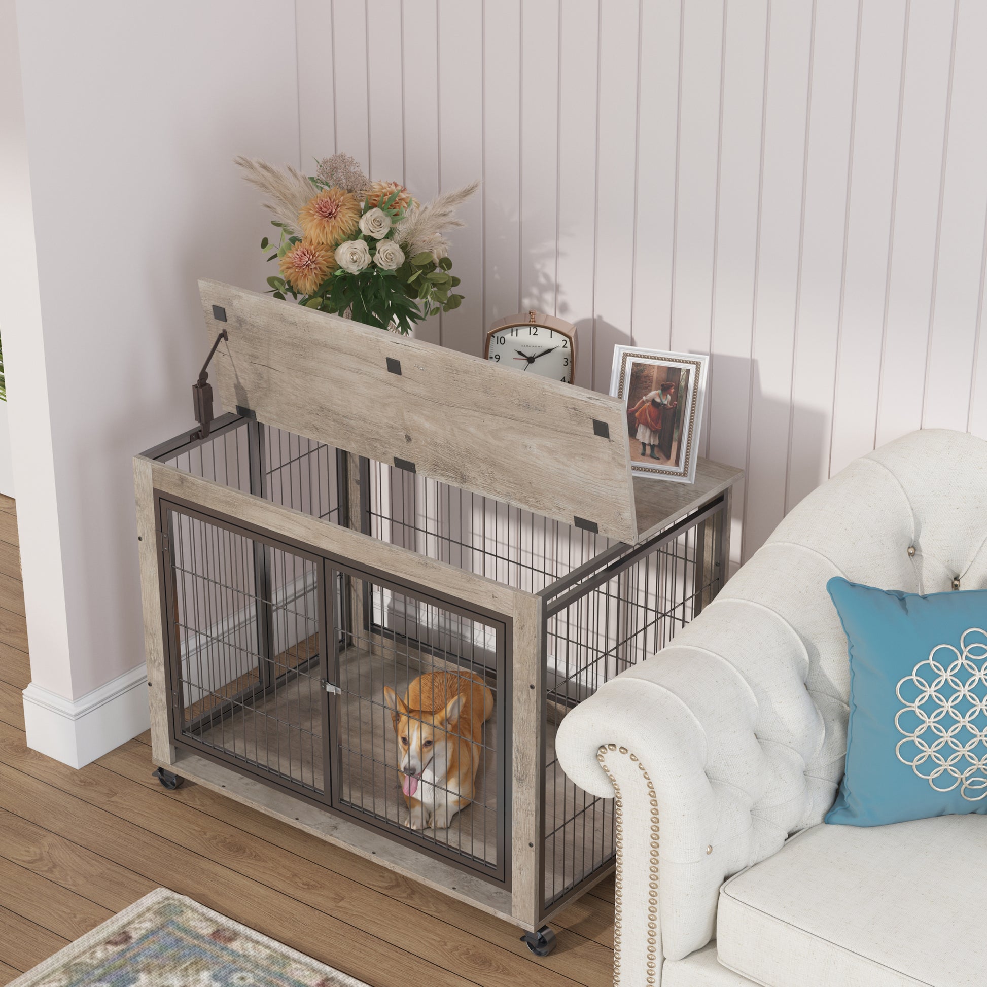 Furniture Style Dog Crate Side Table On Wheels