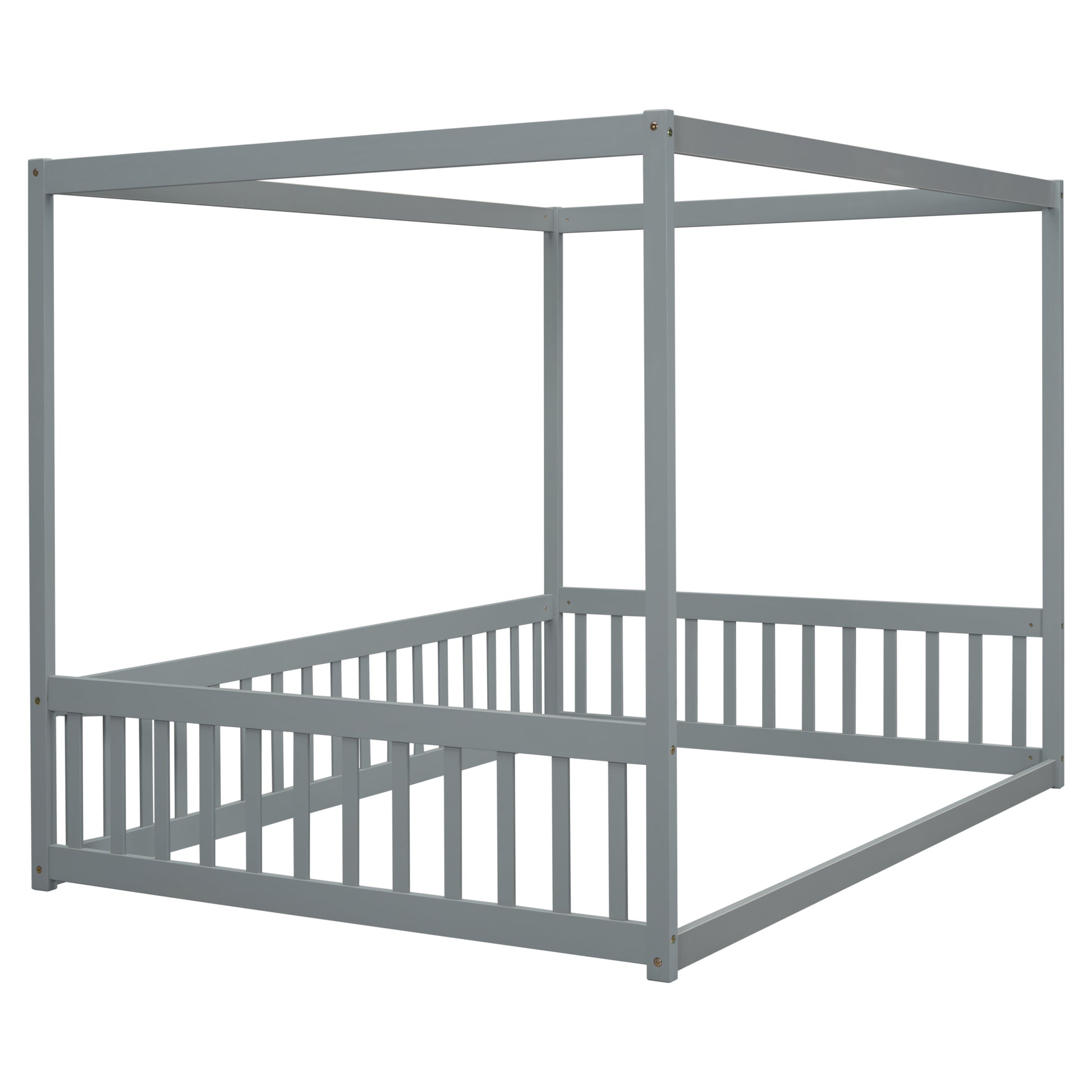 Full Size Canopy Frame Floor Bed With Fence -