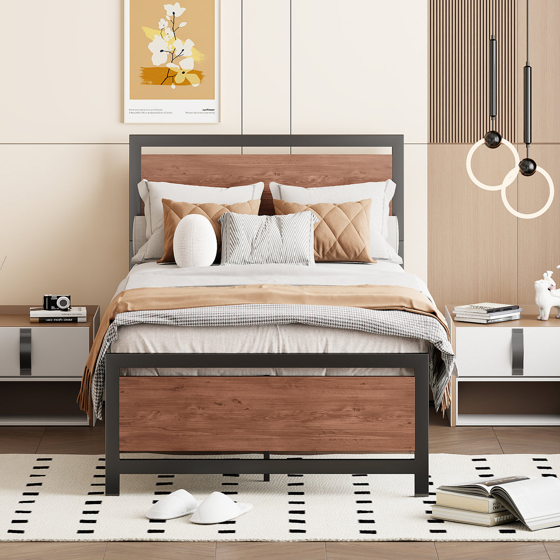 Twin Size Platform Bed, Metal And Wood Bed Frame
