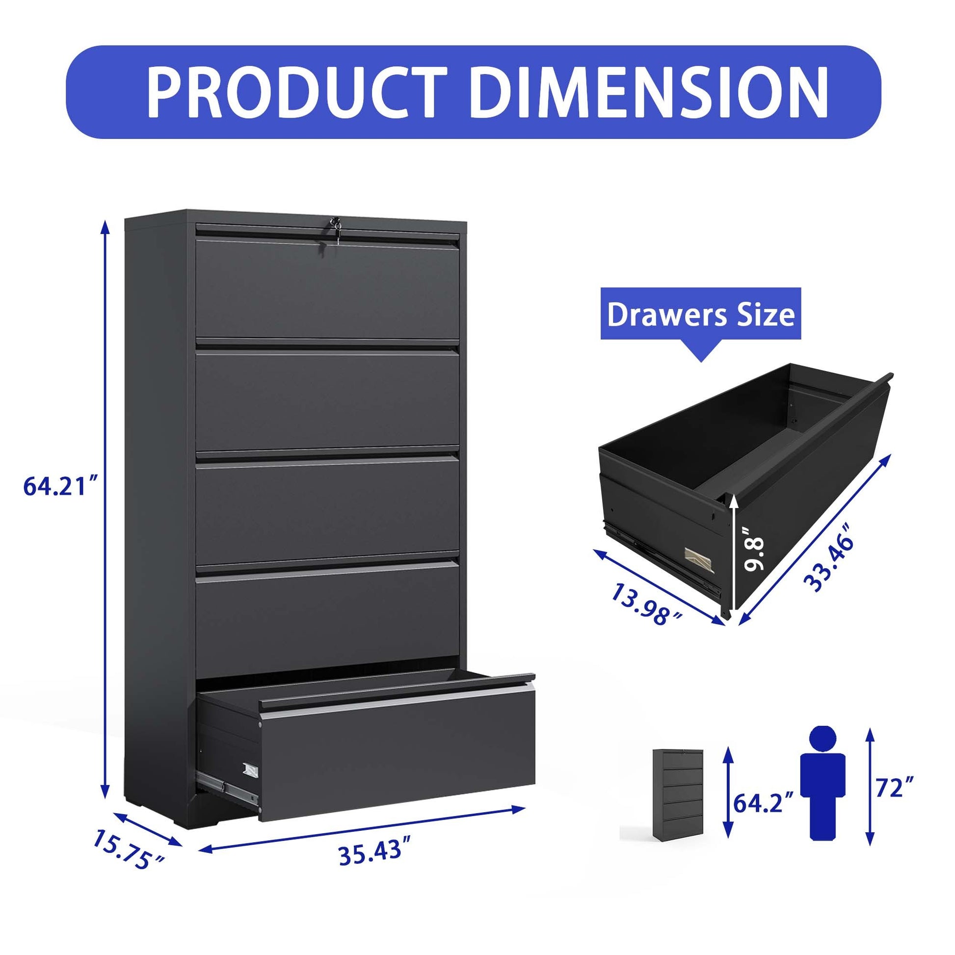 5 Drawer Metal Lateral File Cabinetblack Filing -