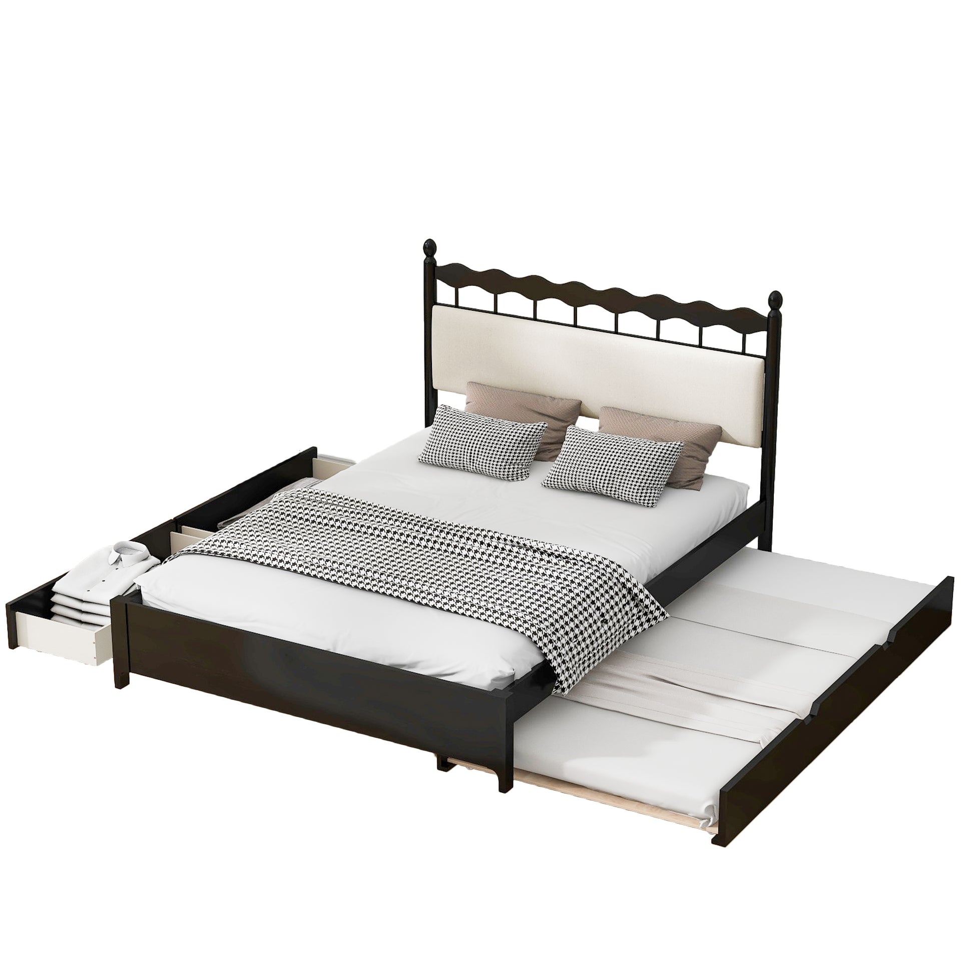 Queen Size Wooden Storage Platform Bed, With 2