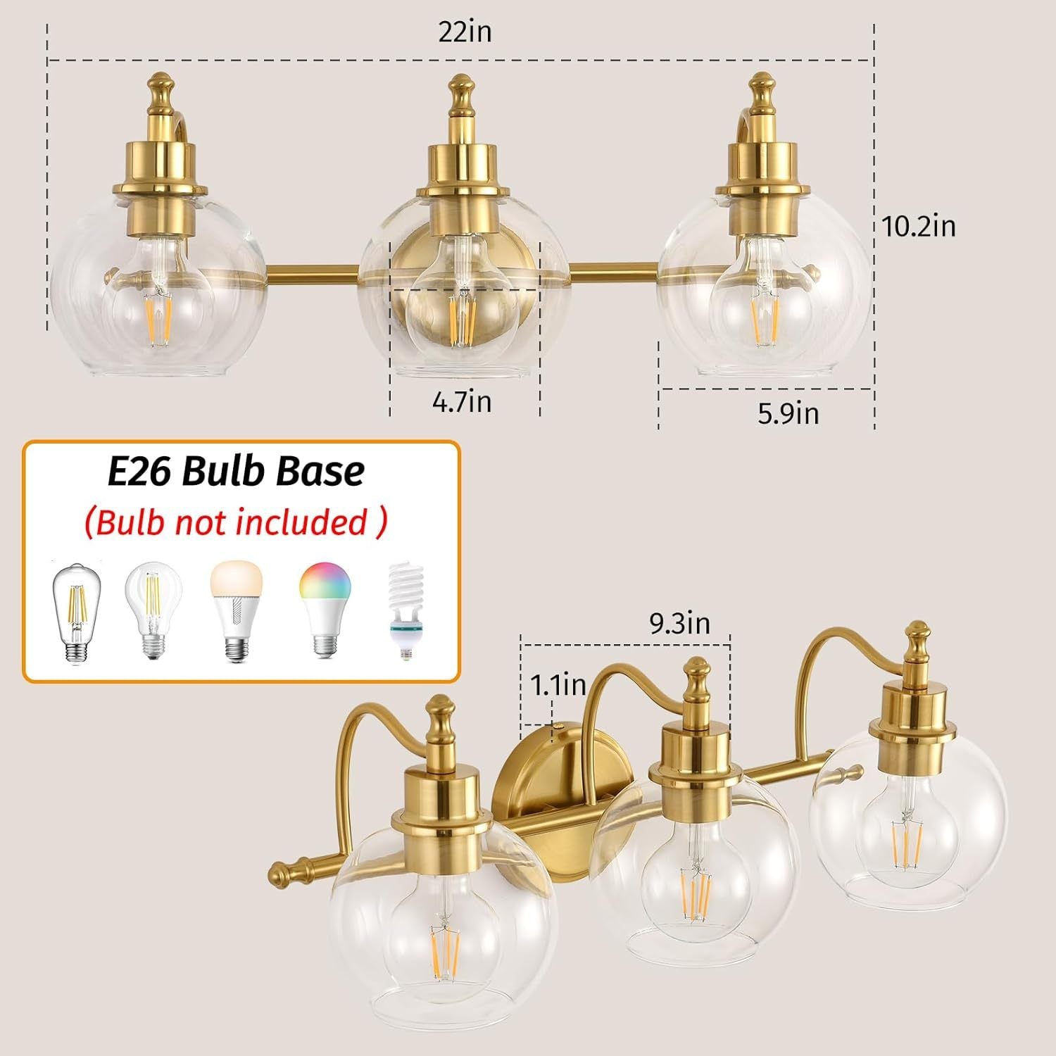 3 Lights Bathroom Vanity Lighting Fixtures Brushed gold-metal