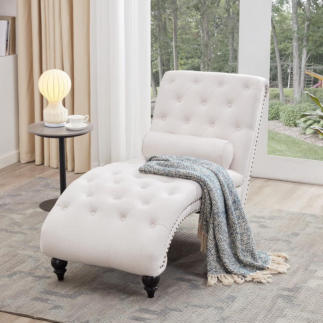 Upholstered Chaise Lounge With Solid Wood Legs -