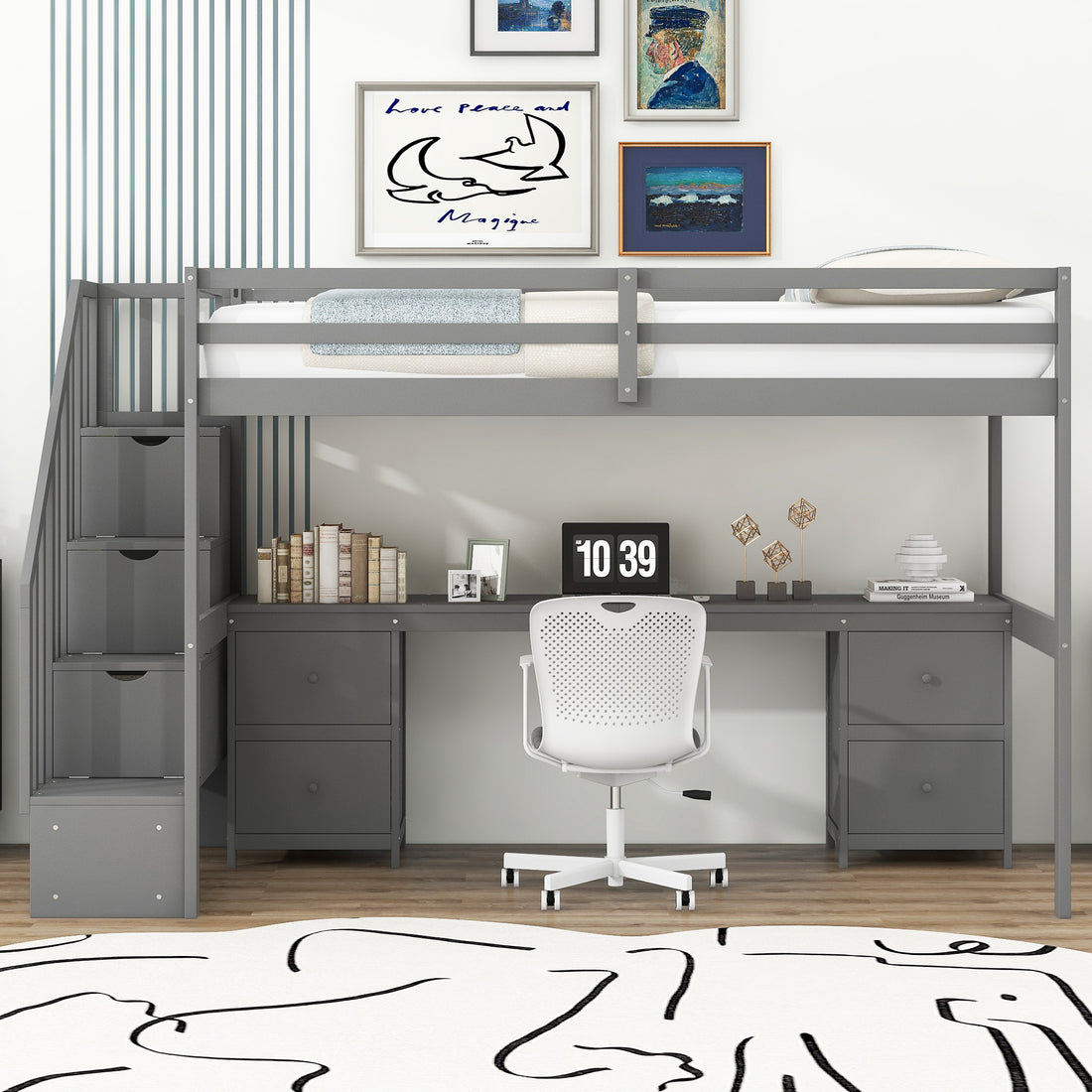 Twin Size Loft Bed Frame With Built In Desk And