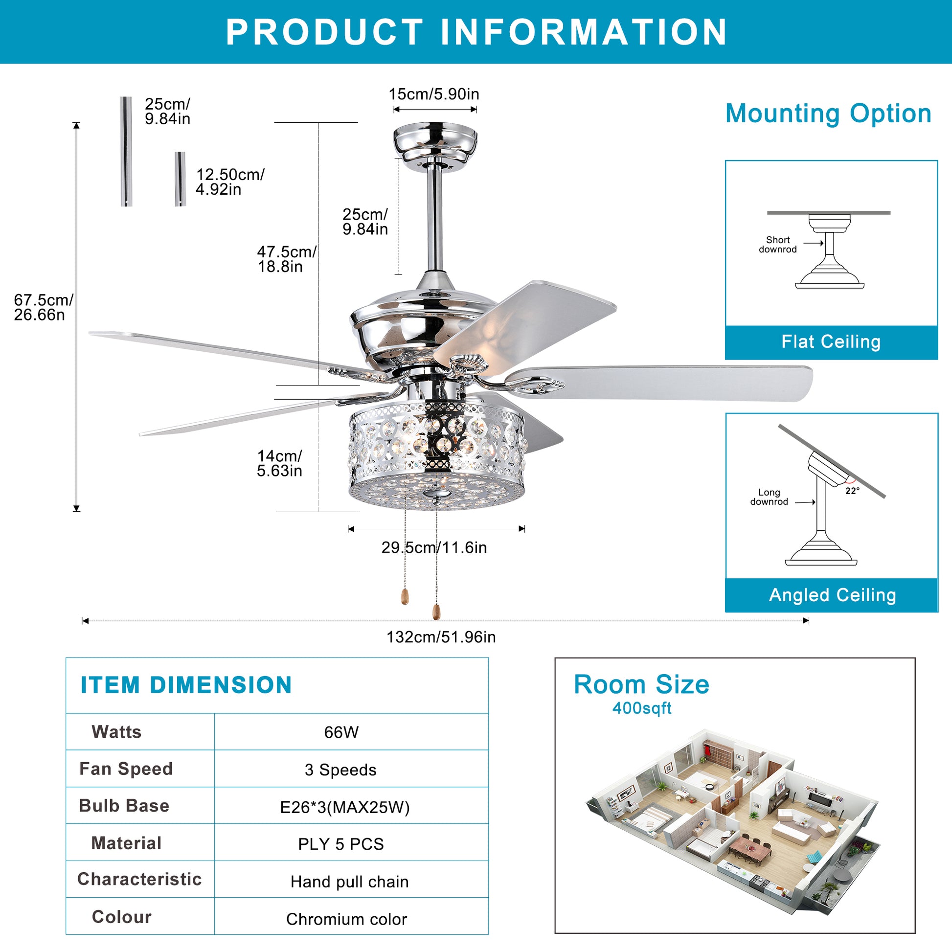 52'' Ceiling Fan 5 Reversible Blades For Living