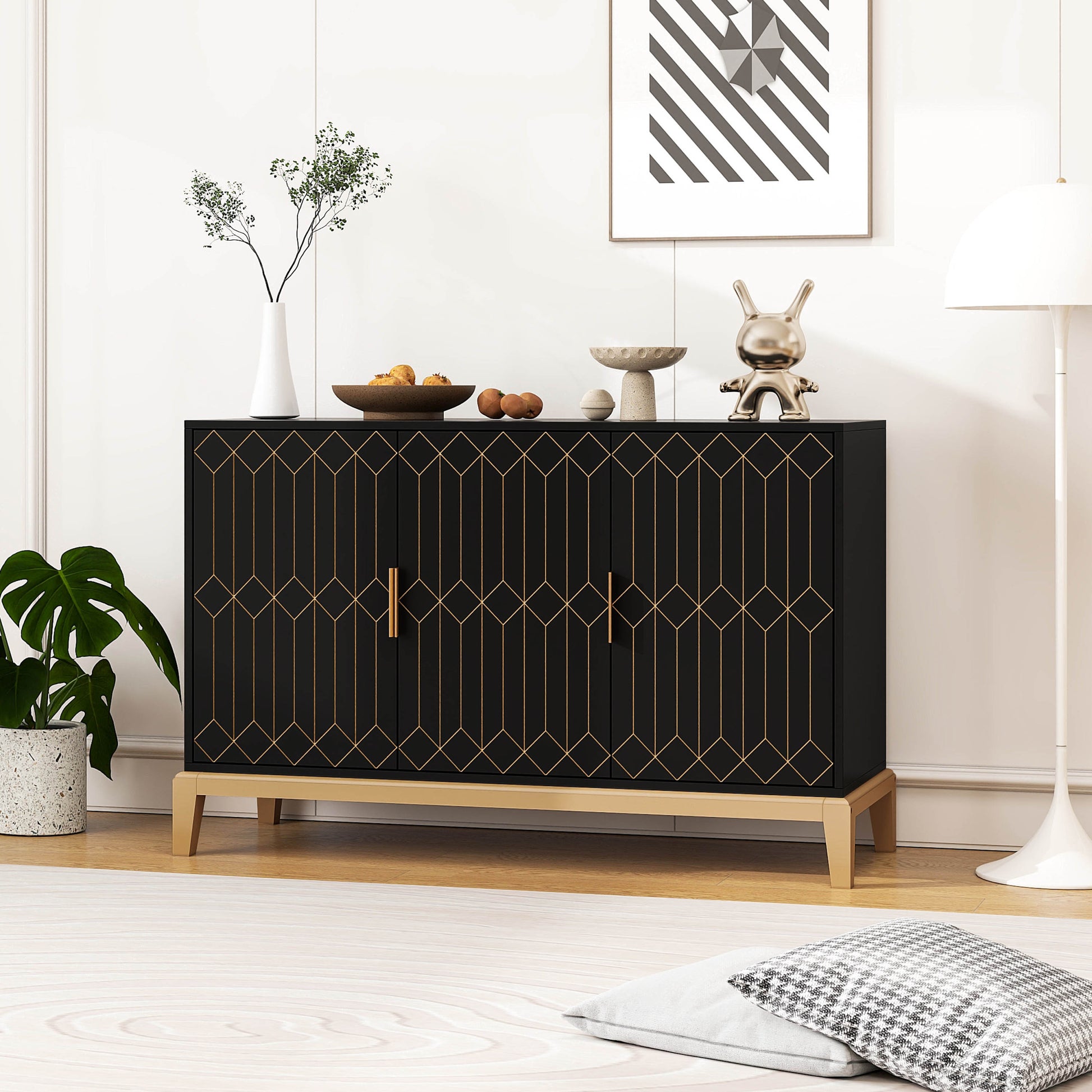 Carved Line 3 Door Storage Cabinet ,Sideboard