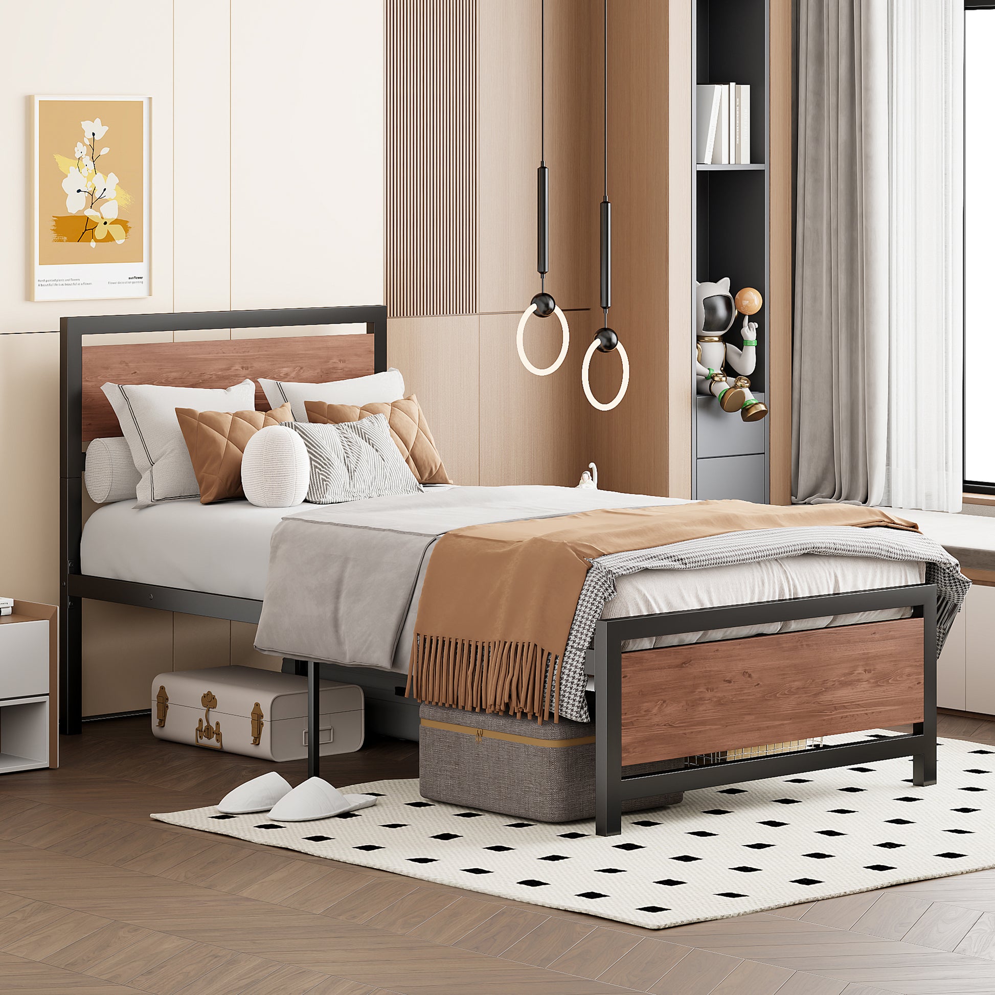 Twin Size Platform Bed, Metal And Wood Bed Frame