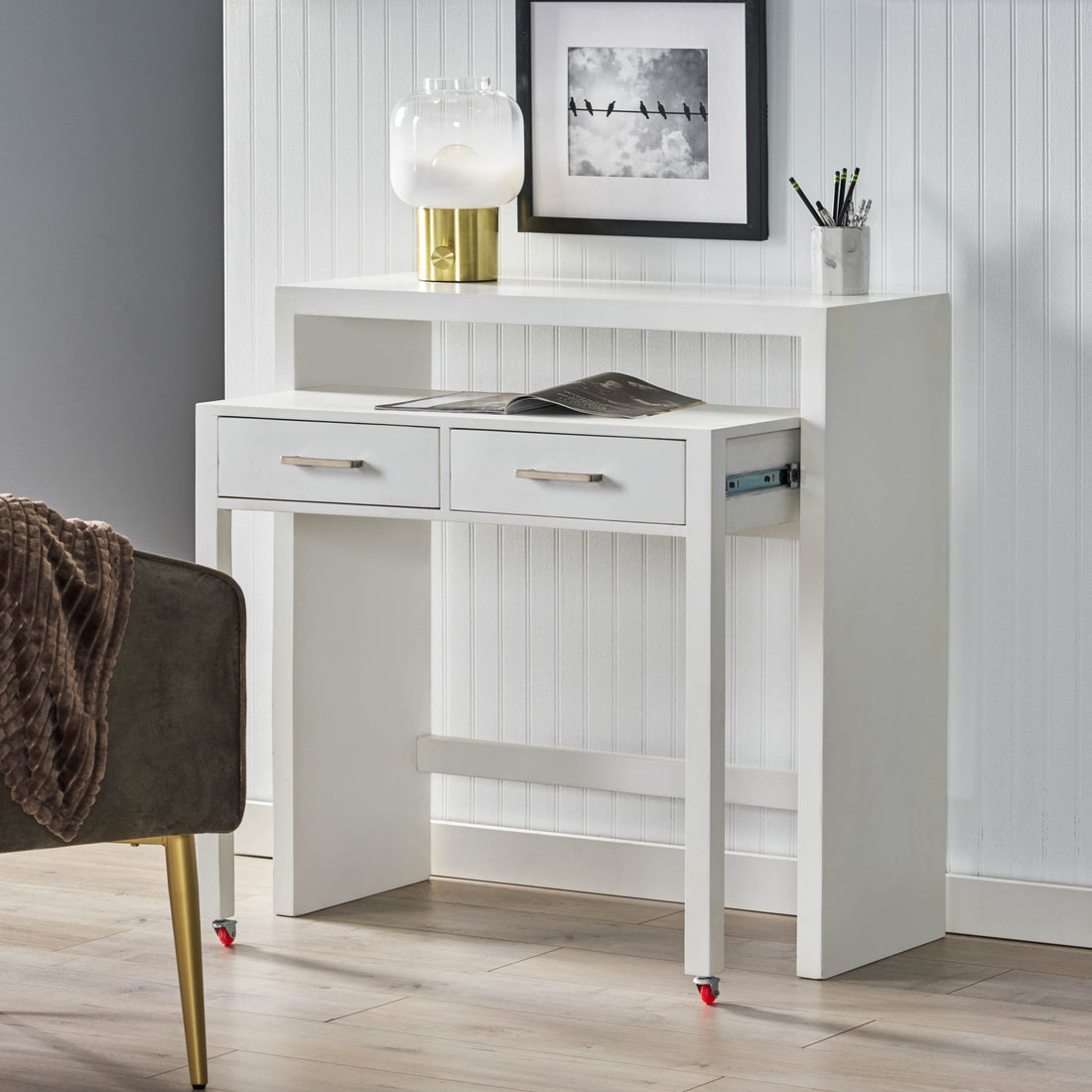 Desk With Upper Console Table - White Solid Wood